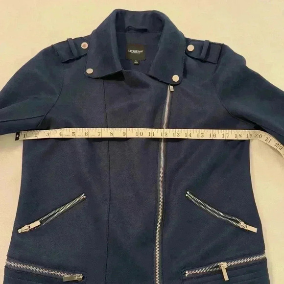 Liverpool Los Angeles Mystic Navy Moto Jacket Faux Suede Zips Women’s Size Small - Picture 6 of 14